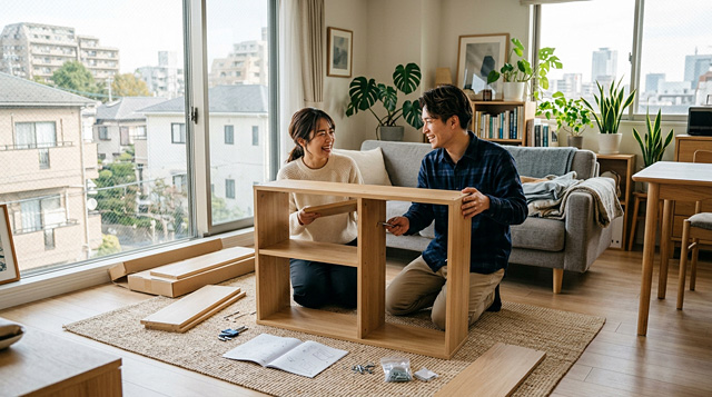 イケア家具を組み立てるカップル